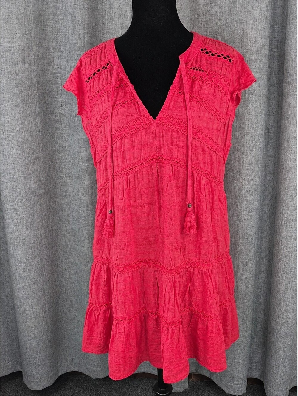 Knox Rose Women’s Red Boho Tiered Mini Dress Crochet Tassel Flutter Sleeve